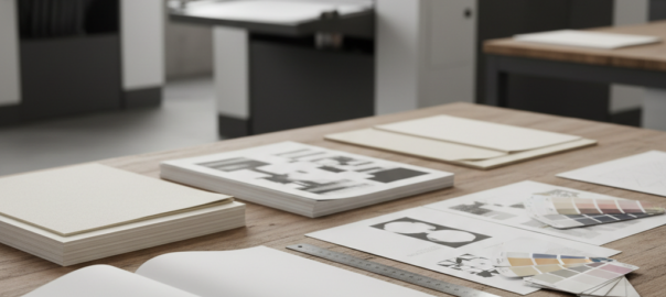 Drukproeven, papiersamples en meetgereedschap op een werktafel bij een boekproductielijn.