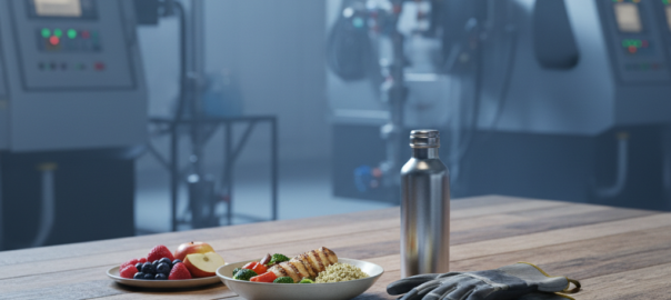 Voorbereide maaltijd, waterfles en weekplanner op een tafel in een industriële pauzeruimte.