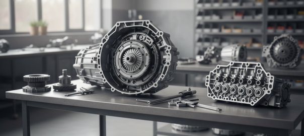 Geopende DSG-versnellingsbak op een werkbank tijdens technische inspectie in een transmissiewerkplaats.