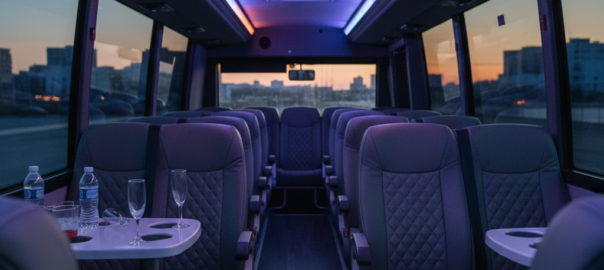 Interieur van een partybus met gekleurde verlichting en passagiers die van achteren in beeld zijn.